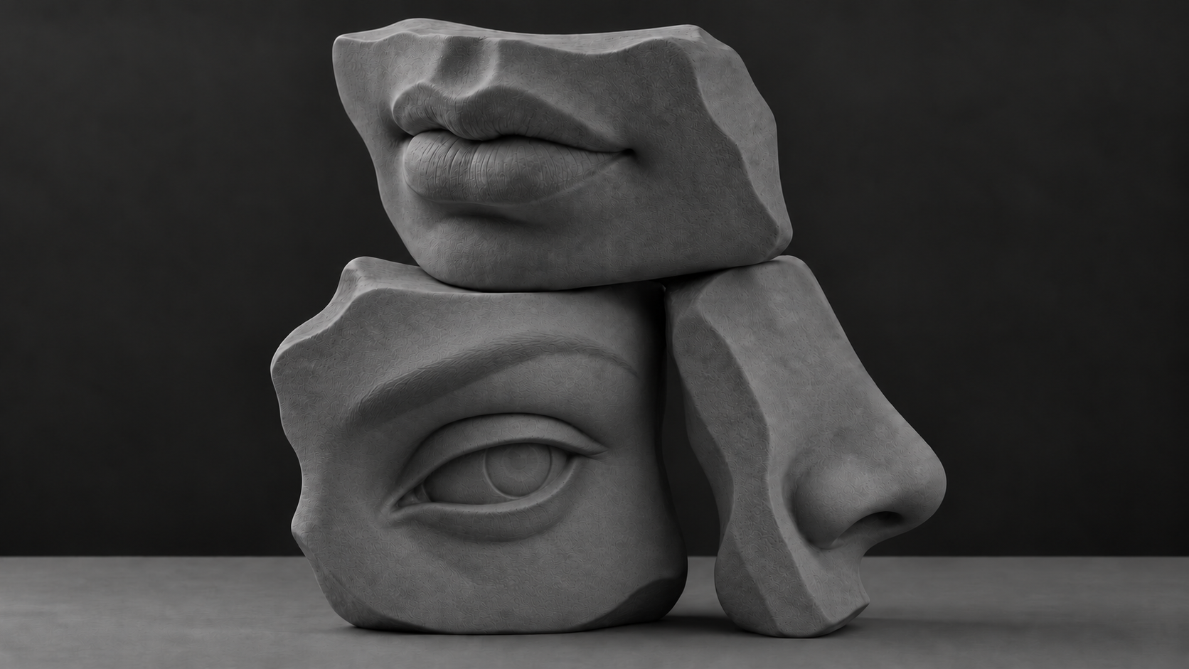 Skulptur mit Auge, Nase und Lippen